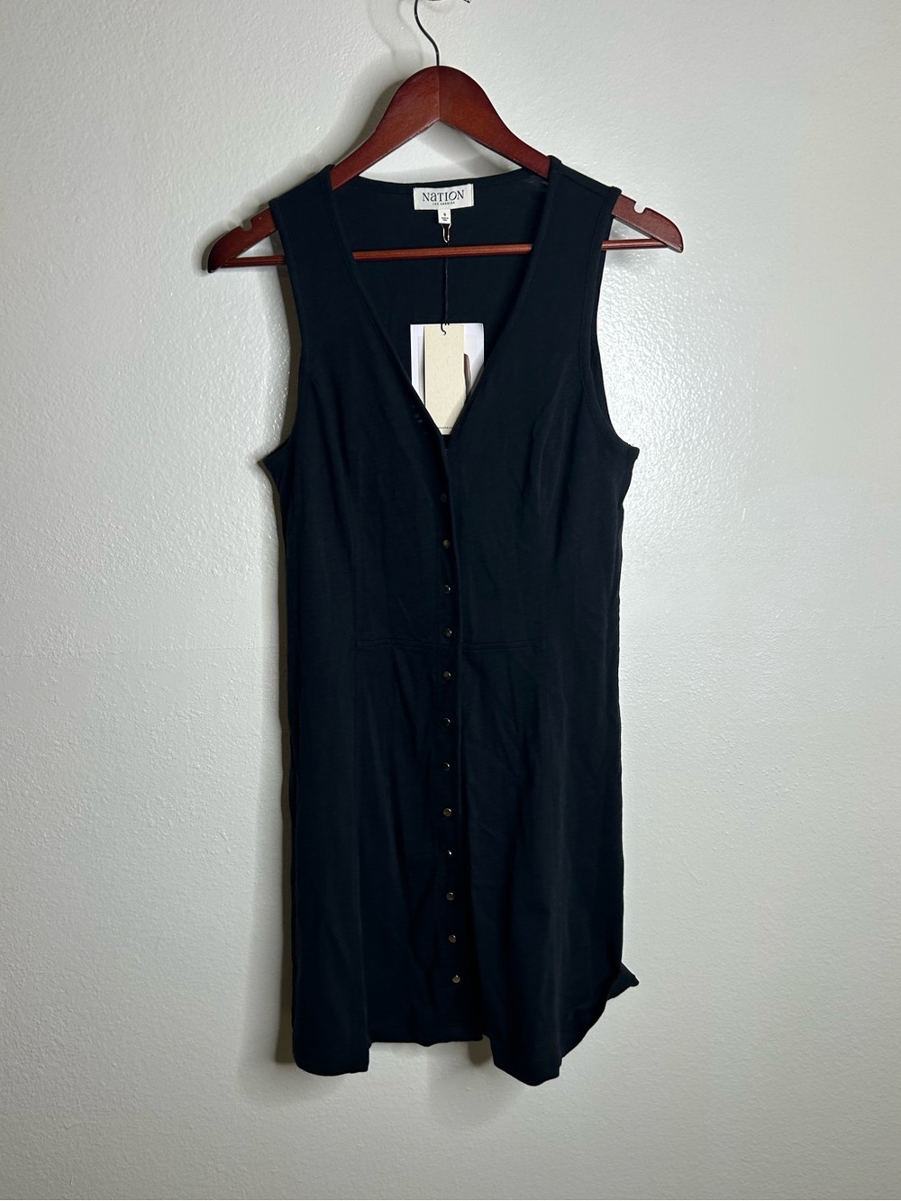 NWT Nation LA 100% Cotton Black Gold Button V - Neck Button Down Mini Dress - Picture 8 of 15